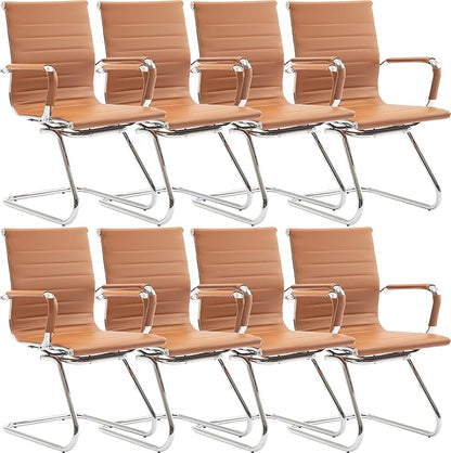Wahson Office Guest Chairs Set of 8, Leather Reception Chairs, Mid Back Waiting Room Chair, Conference Chairs with Sled Base, Desk Chair No Wheels for Meeting/Lobby/Restroom, Terracotta