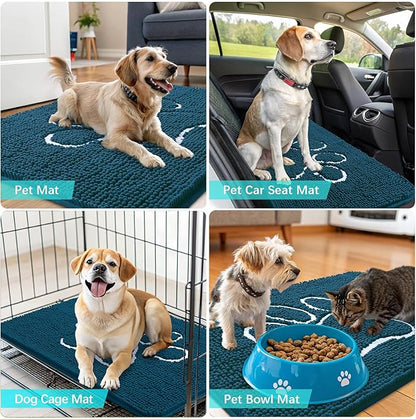 OLANLY Dog Door Mat for Muddy Paws 59x35, Paw Print Design, Absorbs Moisture and Dirt, Absorbent Non-Slip Washable Doormat, Quick Dry Chenille Mud Mat, Entry Indoor Entryway Carpet, Atlantic Blue