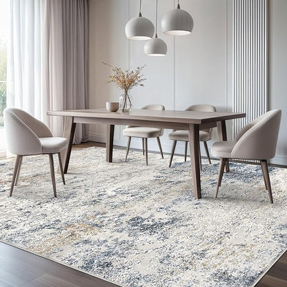 Area Rug Living Room Rugs - 7x9 Large Soft Indoor Neutral Modern Abstract Low Pile Washable Rug Carpet for Bedroom Dining Room Farmhouse Home Office - Beige Blue