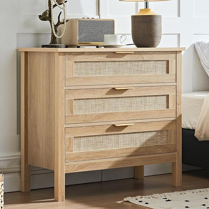 LEYAOYAO 31.5" Wide Rattan Night Stand, Large Boho Nightstand, Bedside Table with Storage, Tall Bed Side End Tables, Chest of Drawers for Bedroom, Living Room, Hallway（Natural,3 Drawers,2）