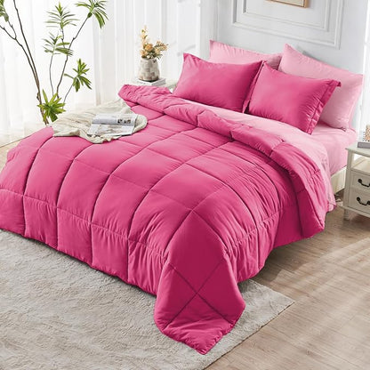 JOLLYVOGUE Full Comforter Set, Ultra-Soft Bed in a Bag Full Size 7 Pieces, Oeko-TEX Certified Bedding Set with Down Alternative Comforter, Sheets, Pillowcases & Shams, Hot Pink & Baby Pink