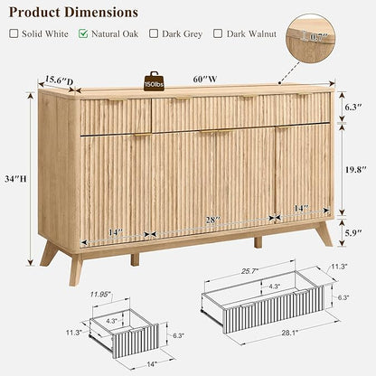 T4TREAM Large Buffet Sideboard Cabinet with Storages, 60" Fluted Modern Buffet Table Coffee Bar Wine Bar Storage Cabinet with 3 Drawers & 4 Doors for Dining Room, Living Room, Hallway(Natural Oak) | with Storages, Coffee Bar, Wine Bar, Storage Cabinet,...