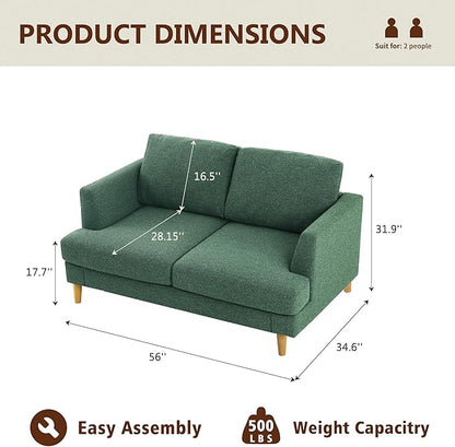 Loveseat Sofa 56", Small Couches for Small Spaces Love Seat with 2-Seat Upholstered Cushion, Mid Century Modern Sofa Couches for Living Room, Deep Couch for Bedroom, Apartment, Green