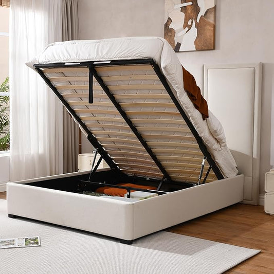 YUHUASHI Queen Size Bed Frame with 64-inch High Headboard, Simple and Airy Linen Upholstered Platform Bed with Storage Drawers, Wood Slat, No Noise (Beige, Queen(Hydraulic Lift))