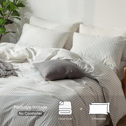 MooMee Striped Duvet Cover Set 100% Washed Cotton Linen Like Textured Breathable Durable Soft Comfy (White Dark Grey Wide Stripes, King 104"x90")