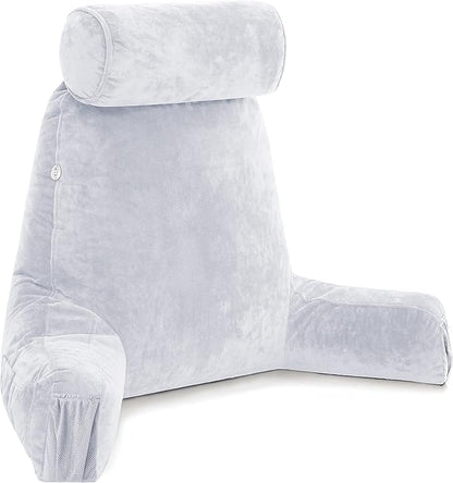 Husband Pillow Medium Light Grey, Backrest for Kids, Teens, Petite Adults - Reading Pillows with Arms, Adjustable Loft, Plush Memory Foam, Bed Rest Chair Sitting Up, Detach Neck Roll, Removable Cover