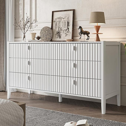 6 Drawer Dresser, Modern Chest of Drawers for Bedroom, Wood Fluted Dresser Organizer with Deep Drawers for Clothes, Nightstand for Bedroom, Hallway, Living Room, Entryway, White