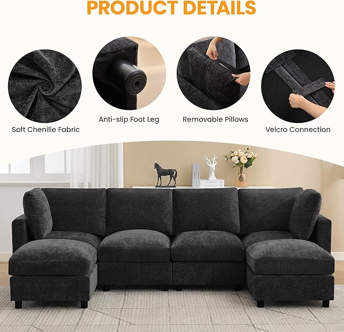 116'' 4-Seater Modular Sectional Cloud Sofa with Ottoman, Convertible L-Shaped Couch for Living Room, Modern Deep Seat Modular Sofa, Chenille Dark Grey