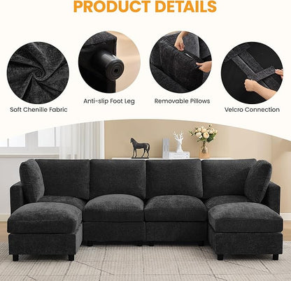 116'' 4-Seater Modular Sectional Cloud Sofa with 2 Ottomans, U-Shaped Couch for Living Room, Modern Deep Seat Sofa with Soft Back Cushions, Chenille Dark Grey