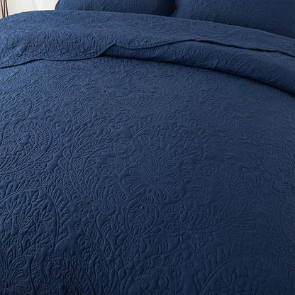 HoneiLife Queen Quilt Bedding Set - Microfiber Quilt Sets for Queen Bed, 3-Piece Lightweight Bedspreads,Reversible Coverlets Rustic Bedlinen Sets, Floral Bedding Set All Season Quilts-Navy