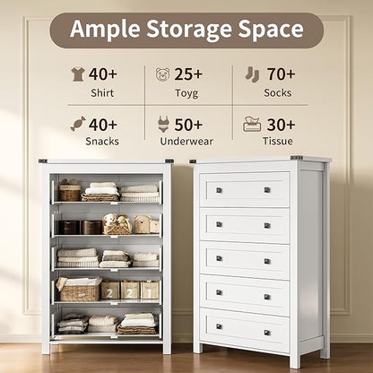 Dresser for Bedroom with 5 Drawers, Tall Wood Chest of Drawers, Modern Farmhouse Closet Clothes Organizer, Storage Tower Cabinet with Metal Handles for Hallway, Living Room, Entryway, White