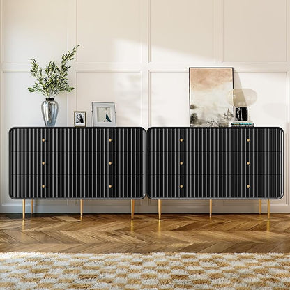 HLR Fluted 6 Drawers Dresser, 48'' Wide Modern Chest of Drawers with Gold Metal Handles,Dresser TV Stand, Wood Dressers & Chest of Drawers for Bedroom, Living Room, Hallway (Black)
