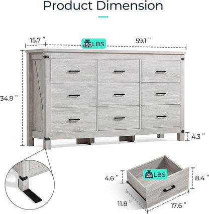 LINSY HOME Dresser for Bedroom with 9 Drawers, 59” Wide Chest with Deep Drawer, Modern Farmhouse Dresser TV Stand with Metal Handles, Wood Storage Cabinet for Closet, Living Room, Hallway, Wash Grey