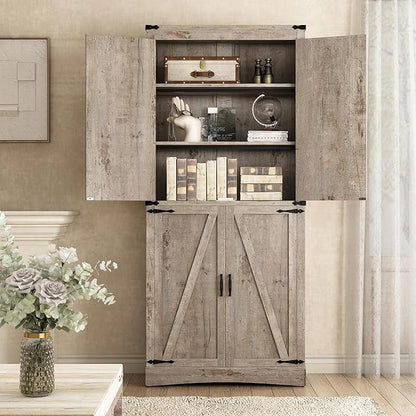 71" Tall Kitchen Pantry,Farmhouse Storage Cabinet with Adjustable Shelves,Load-Bearing Steel Pipe,Farmhouse Pantry Cabinet with 4 Barn Doors,for Kitchen,Dining Room,Living Room(Light Rustic Oak)