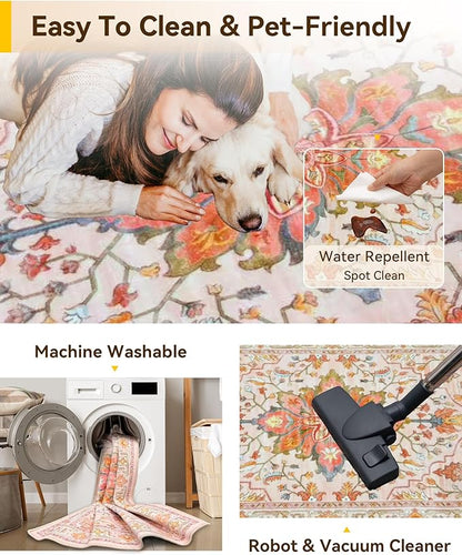 Area Rugs 4ft Washable Non-Slip, Floral Vintage Distress Print Pattern Medallion Carpet for Living Room Bedroom Dining Room, Light Pink Colorful