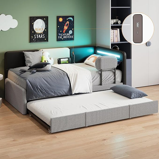 LIKIMIO Twin Daybed with Trundle, Day Bed Frame with 2 USB Ports& LED, Upholstered Guardrail, Sofa Bed with Strong Supports for Bedroom, Living Room