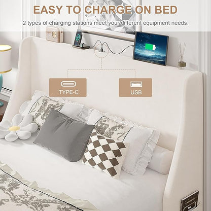 VECELO Full Bed Frame with Upholstered Wingback Headboard, Heavy-Duty Platform Bedframe with Charging Station, Wooden Slats, No Box Spring Needed, Beige