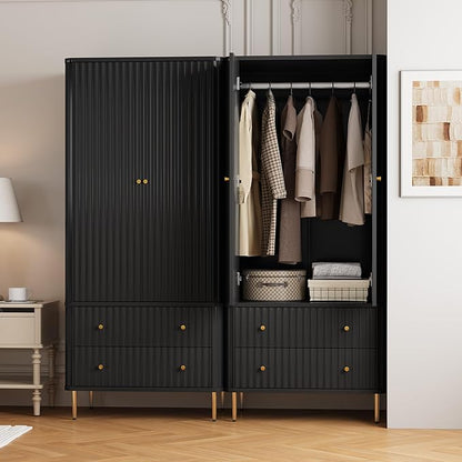 HLR 72" Modern Armoire Wardrobe Closet with Doors and Drawers, Bedroom Armoire Cabinet with Hanging Rod, Wooden Clothing Storage Cabinet Set of 2,Black