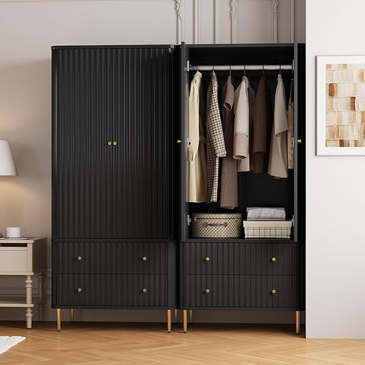 HLR 72" Modern Armoire Wardrobe Closet with Doors and Drawers, Bedroom Armoire Cabinet with Hanging Rod, Wooden Clothing Storage Cabinet Set of 2,Black