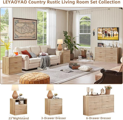 LEYAOYAO 48" Wide Fluted Dresser and 3 Drawers 23" Nightstand Set of 2, Wooden Dresser & Night Stand with Charging Station, 3 Piece Bedroom Furniture Set, Chest of Drawer for Living Room,Natural Wood