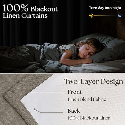 Taupe Gray Linen Blackout Pleated Curtains 90 Inches Long for Living Room Darkening Pinch Pleat 100% Black Out Drapes Thermal Insulated Soundproof Greyish Brown 90 Inch Curtain for Dining Bedroom