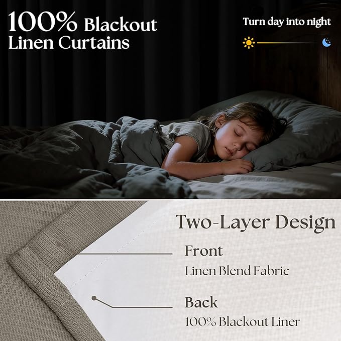 Flax Taupe Pinch Pleated Blackout Curtains 102 Inches Long for Bedroom 100% Black Out Thick Linen Dual Layer Pleated Drapes Farmhouse Country Brownish Gray 102 Inch Curtain for Dining Living Room