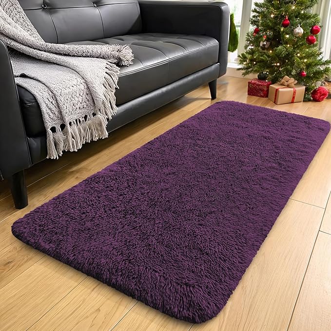 OLANLY 2x5 Machine Washable Runner Rugs for Hallway, Soft Fluffy Shaggy Bedside Rugs for Bedroom, Living Room, Indoor Floor Carpet for Kids Girls and Boys, Home Decor Aesthetic, Dark Purple