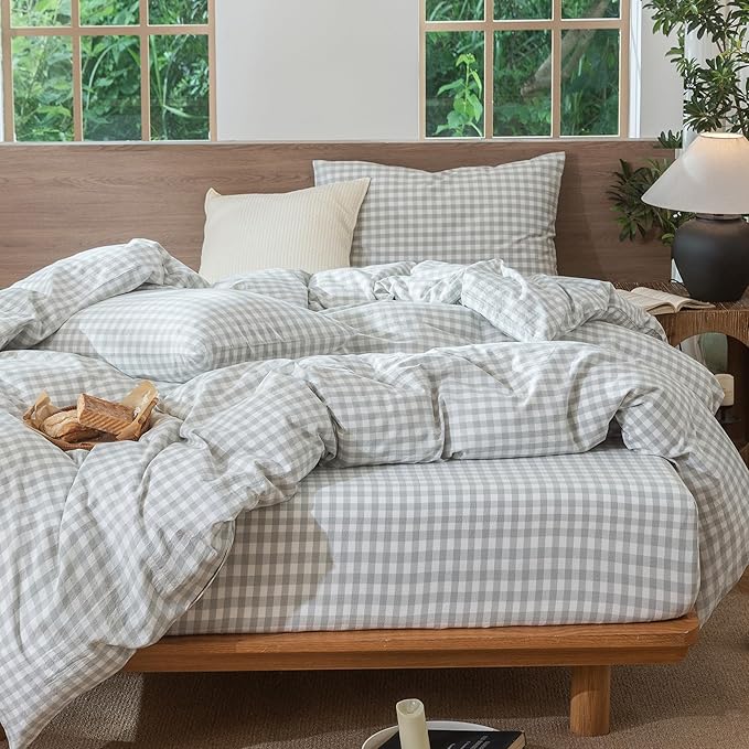 MooMee Gingham Duvet Cover Set 100% Washed Cotton Linen Like Textured Breathable Durable Soft Comfy Modern Checkered Design (Northern Droplet Grey Gingham, Twin 68"x90")