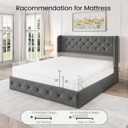 LARMACE Queen Size Platform Bed Frame with 4 Storage Drawers and Tufted Headboard Linen Upholstered Bed Wingback Bed Frame with Wooden Slats Support, Easy Assembly, Light Grey
