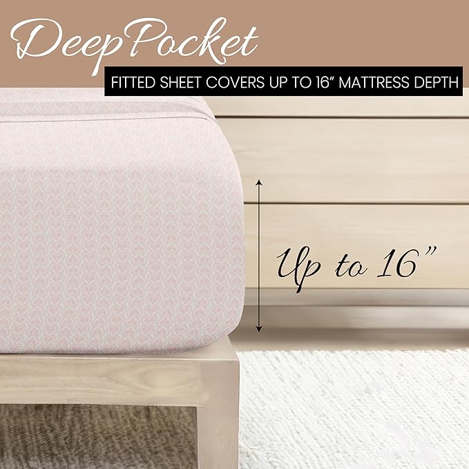 Linen Market Patterned Microfiber Queen Sheet Set 4 Piece – Oeko-TEX Certified Ultra Soft & Wrinkle-Free - 16" Deep Pocket Sheets - Easy Care Queen Size - Classic in Pink