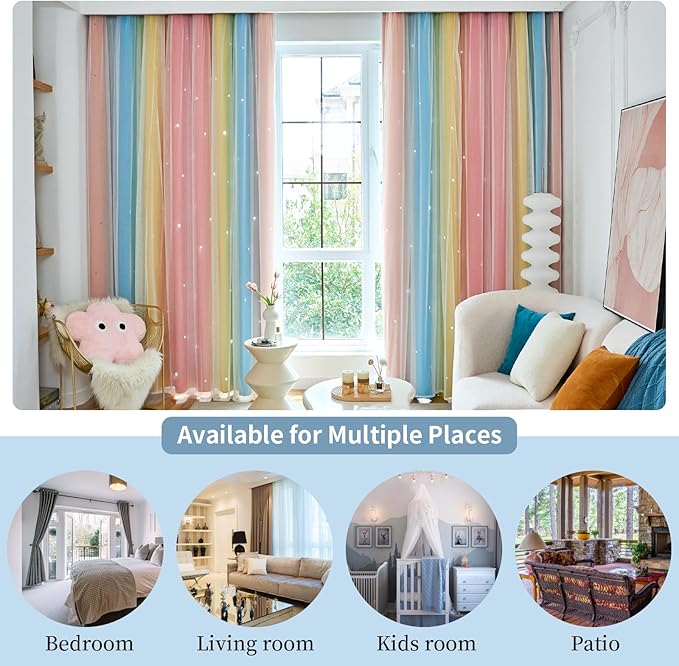 Star Blackout Curtains for Bedroom - Rainbow, 96 Inch Long, 2 Panels, Red, Yellow & Blue