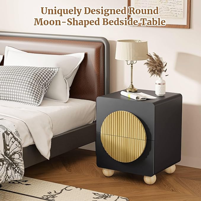 23" Black Nightstand with Solid Wood Legs, Modern Style Fluted Bedside Table with Round Moon Handle & Storage, Mid Century Cute Night Stand for Bedroom, Side Table, End Table