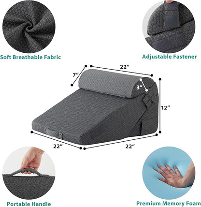 Bedluxe 3Pcs Orthopedic Bed Wedge Pillow Set, Foam Wedge Pillow Post Surgery for Back, Leg and Knee Support, Adjustable 9&12 Inch Folding Triangle Pillow for Sleeping, Acid Reflux, Snoring, Dark Grey