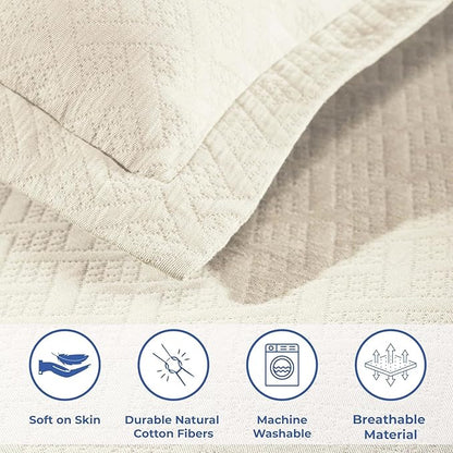Superior 100% Cotton Basket Weave Bedspread with Shams, All-Season Premium Cotton Matelasse Jacquard Bedding, Quilted-Look Geometric Basket, Full, Ivory