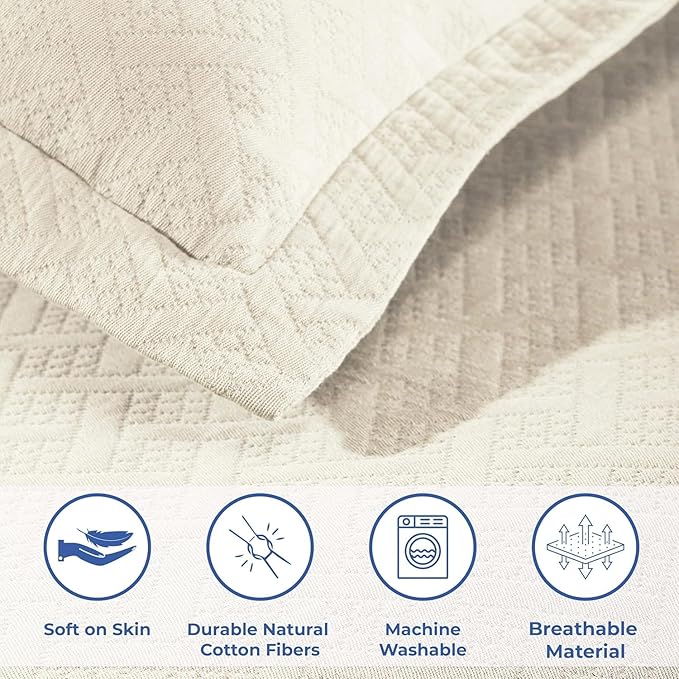 Superior 3 Piece Basketweave Cotton Bedspread Set, Home Bed Decor, Decorative Bed Spread, 2 Pillow Shams, Medium Weight Blanket, Matelasse Coverlet Bedding, Geometric Lattice Pattern, Queen, Ivory