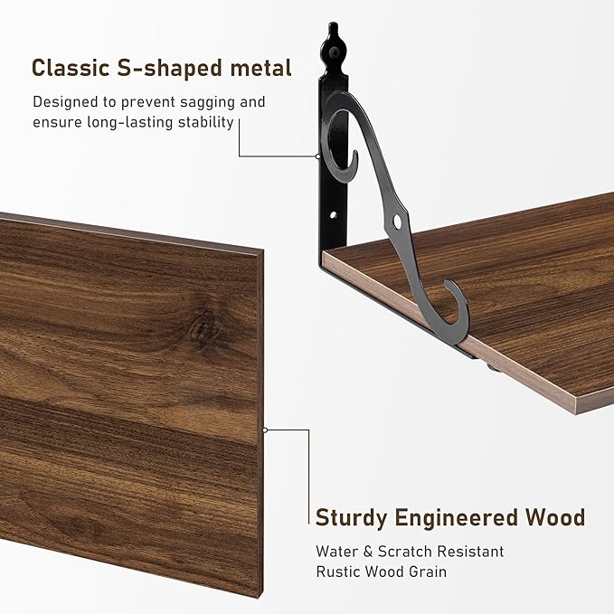 Dreamland Deep Floating Shelves, 48" W x 12" D Wall Shelves Set of 2, Wide Display Shelf Wall Mounted with Brackets, Bookshelf for Living Room, Bathroom, Bedroom, Walnut