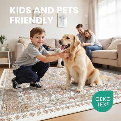 zesthome 8x10 Area Rugs for Living Room,Non-Slip Backing Washable Rugs,Vintage Large Area Rug，Stain Resistant Home Decor Rug (Orange,8'x10')