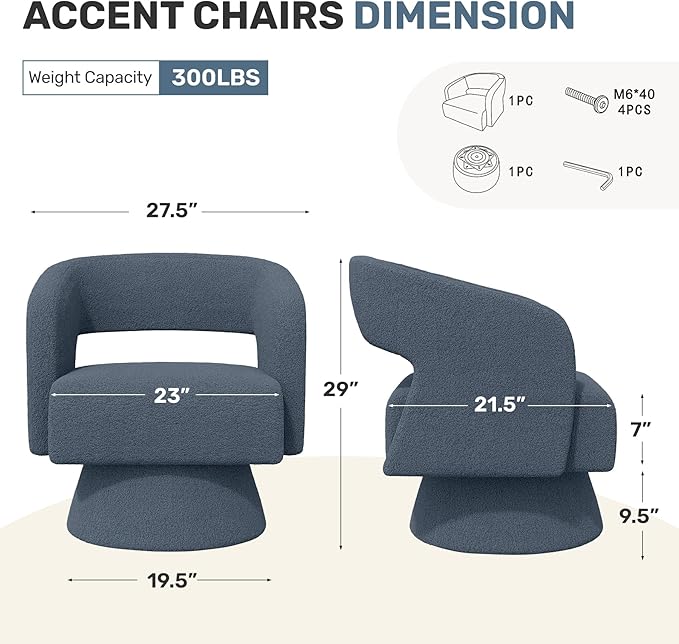 Swivel Accent Chair Set of 4, Modern Comfy Teddy Barrel Chairs, Oversized Upholstered Round Arm Chair for Living Room, Bedroom, Reading Room, Blue