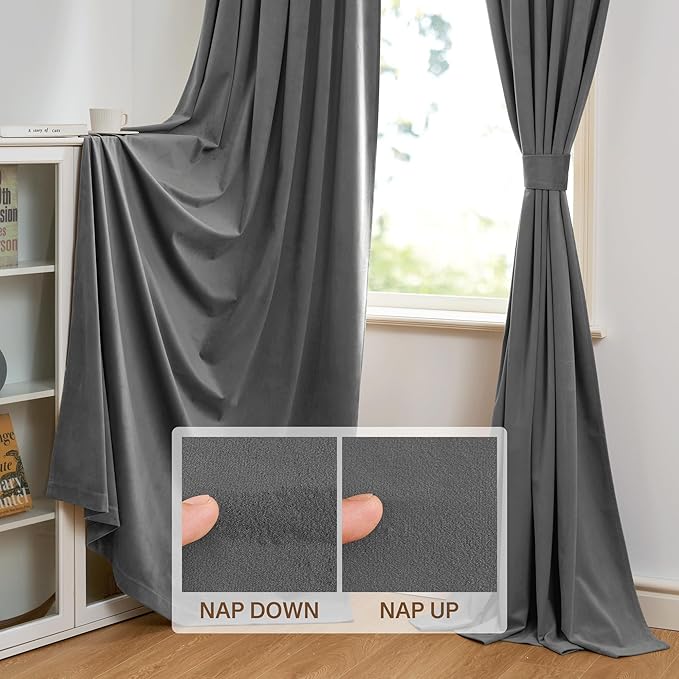 StangH Velvet Curtains 120 inches Long - Extra Long Rod Pocket Blackout Curtains for Living Room, Room Darkening Thermal Insulated Backdrops for Hall/Bedroom, Grey, W52 x L120, 2 Panels