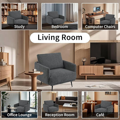 Oversized Accent Chair for Living Room Cozy Reading Chairs Mid-Century Modern Accent Chairs Armchair with Metal Legs Single Sofa Chair for Home Office (1-PCS, Chenille Fabric- Dark Grey)