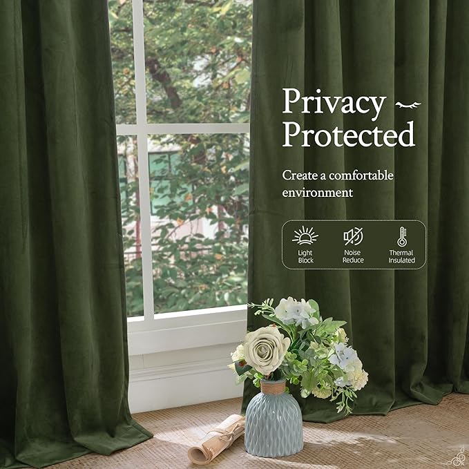 LAMIT Olive Green Velvet Curtains 120 Inch for Living Room, Thermal Insulated Blackout Curtains Luxury Room Darkening Back Tab and Rod Pocket Window Drapes for Bedroom, 2 Panels, 52 x 120 Inch