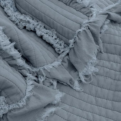 Ultra Soft Pre-Washed Quilted Boho Dark Blue King Size Blankets for Bed, Ruffle Fringed Decorative Throw, Stone Washed Chic Rustic Blanket for Sofa Couch Bed, 104"*90"