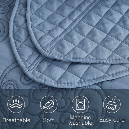 CHIXIN Oversized King Bedspread 128x120 Extra Wide - Lightweight Bedding Cover - Beautiful Stitching - 5 Piece Reversible Bedspread - Luxury Damask Paisley Pattern (King/Cal King, Ashley Blue)