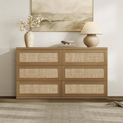 SICOTAS Dresser for Bedroom - 50" Wide 6 Drawer Dresser Rattan Dressers & Chests of Drawers Boho Drawers for Bedroom Bedside Table Clothes Large Closet Storage for Closet Hallway Entryway