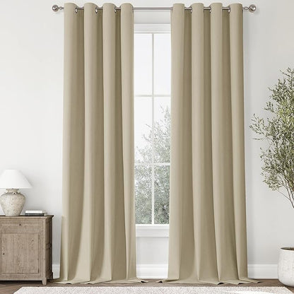ChrisDowa 100% Blackout Linen Curtains, 2 Panels Set Thermal Insulated Room Darkening Curtains for Living Room, Privacy Grommet Window Drapes for Bedroom (Greyish Beige, 52 x 120 Inch)
