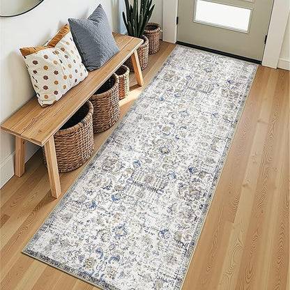 jinchan Kalen Runner Rug 2x7 Washable Hallway Rug Vintage Indoor Thin Retro Floor Cover Distressed Floral Country Lightweight Non Slip Carpet for Entryway Bathroom Bedroom Living Room Stairway Blue