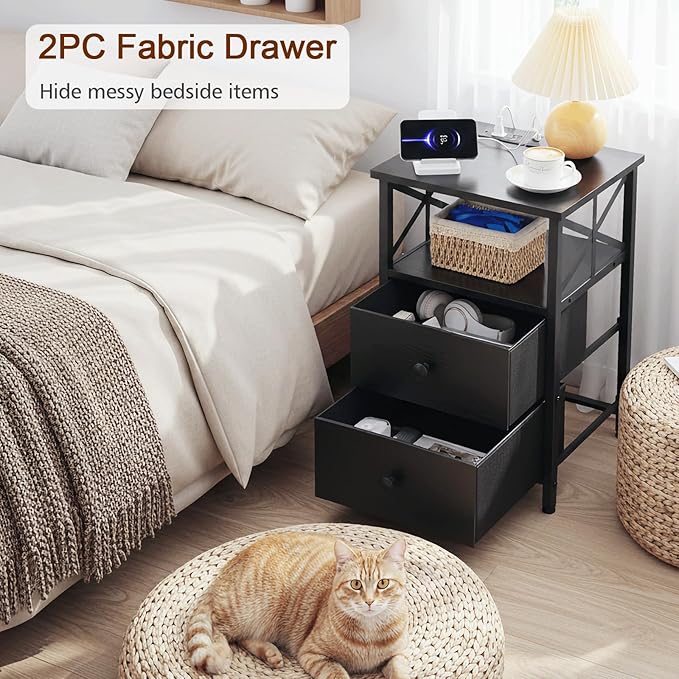 AMHANCIBLE Night Stand Set 2, LED Nightstand with Charging Station, End Tables Living Room with Fabric Drawers, Bed Side Table for Bedroom, Black, HET052LBK