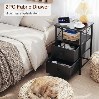 AMHANCIBLE Night Stand Set 2, LED Nightstand with Charging Station, End Tables Living Room with Fabric Drawers, Bed Side Table for Bedroom, Black, HET052LBK