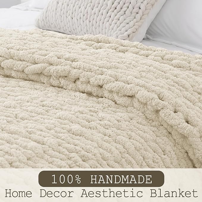 Chunky Knit Throw Blanket 50"X 60", 100% Handmade with Soft Chenille Yarn, 4.4lbs Thick Cable Knitted Blankets, Large Rope Knot Crochet Throws for Couch Sofa Bed Home Decor, Beige
