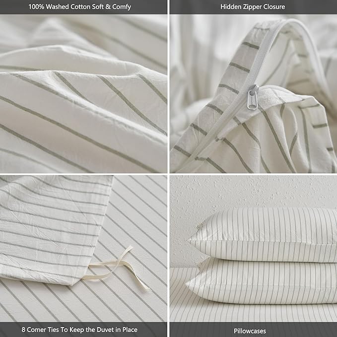 MooMee Striped Duvet Cover Set 100% Washed Cotton Linen Like Textured Breathable Durable Soft Comfy (White Sage Green Wide Stripes, Oversized King Plus 128"x120")